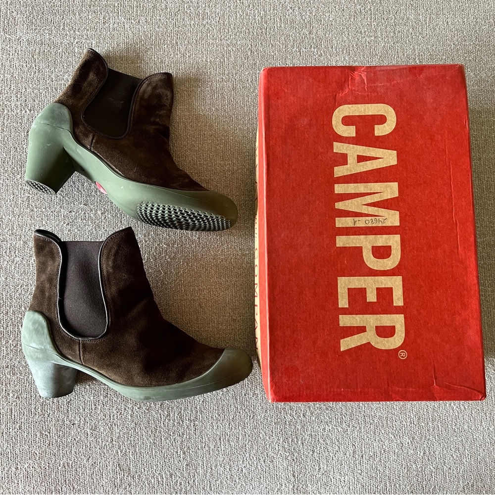 Camper "Minie" Suede Brown & Green Ankle Bootie Size 10 EU 40